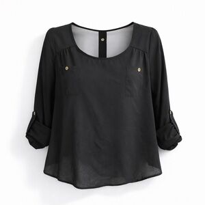 Black Sheer Lightweight Blouse Scoop Neck Button Back/S